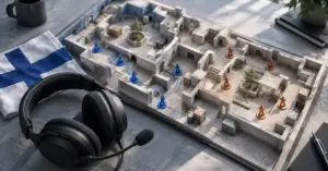 Taktisen pelikartan pienoismalli, kaksi viiden pelaajan joukkuetta, pelikuulokkeet ja Suomen lippu kuvaavat suomalaista Counter-Strike-kilpapelaamista.