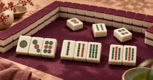 Vaaleat ympyrä- ja bambukuvioiset mahjong-tiilet on aseteltu viininpunaiselle pelialustalle kaksikerroksisen tiilimuurin eteen.