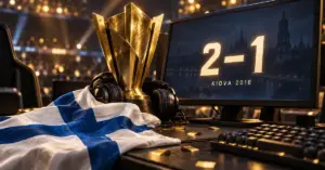 Kultainen pokaali, Suomen lippu ja pelikuulokkeet sekä näytön 2–1-tulos kuvastavat suNnyn ja mousesportsin CS:GO-turnausvoittoa Kiovassa vuonna 2018.