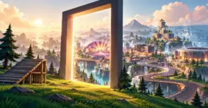 Valoisa portaali avautuu pelimaisemasta konserttiareenan, kilparadan ja rakentuvan virtuaalikaupungin maailmaan kuvaten Fortniten tulevaisuutta monipuolisena pelialustana.