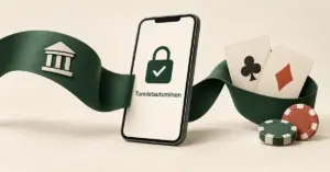 Pankin symbolin, tunnistautumisnäkymää näyttävän puhelimen ja pelikortit yhdistävä vihreä nauha havainnollistaa pikakasinon pankkitunnistautumista.