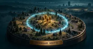 Neljä kultaista pelihahmoa sinisen pelialuerenkaan keskellä ja AVANGAR VOITTI -kyltti havainnollistavat joukkueen voittoa Katowicen vuoden 2018 PUBG-turnauksessa.