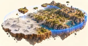 PUBG-pelin kehitystä kuvaava saari muuttuu rautalankamallista yksityiskohtaiseksi pelimaailmaksi, jota ympäröi hohtava sininen pelialueen raja.