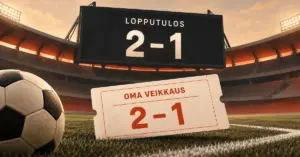 Jalkapallostadionin tulostaululla ja veikkauskupongissa näkyy sama tulos 2–1, mikä havainnollistaa ottelun tarkan lopputuloksen veikkaamista.