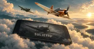 Kaksi potkurihävittäjää lentää pilvien yllä puhelimen yläpuolella, jonka ruudun Suljettu-teksti kuvastaa WarWings-mobiilipelin päättymistä.